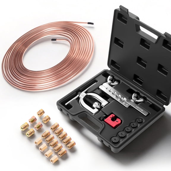 VEVOR 3/16" Brake Line Repair Kit, 45° Double & Single Brake Line Flaring Tool Kit, 25FT Copper Coated Brake Line (with 16 Fittings & 4 Unions) - Tube Cutter, 5 Adapters and Toolbox Included