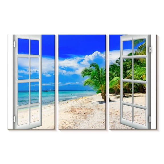 Elephant Stock Window To Beach Wall Art - Horizontal Multi Panel Canvas - Living Room Wall Decor - Beach Multi Panel - Beige And Green Decor - 23" x 14"