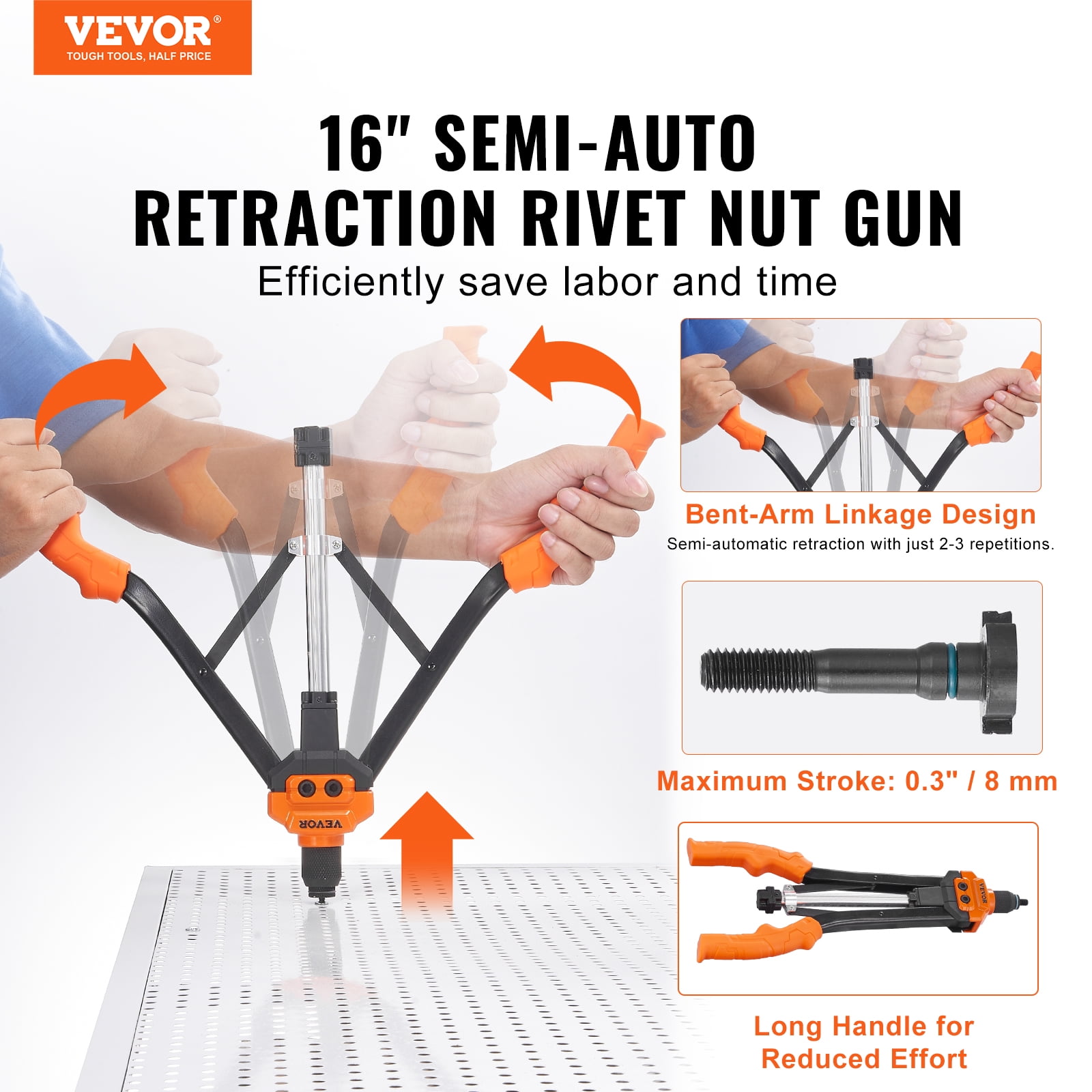VEVOR Rivet Nut Tool, 16 inch Rivnut Tool Kit with 13PCS Metric and SAE Mandrels, 186PCS Rivet Nuts, Semi-auto Retraction, M3, M4, M5, M6, M8, M10, M12, 1/4-20, 5/16-18, 3/8-16, 1/2-13, 8-32, 10-24