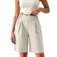 thumbnail image 7 of CQONEPT Women's Casual Bermuda Shorts Elastic Waist Wide Leg Knee Length Summer Shorts with Pockets Beige L, 7 of 7