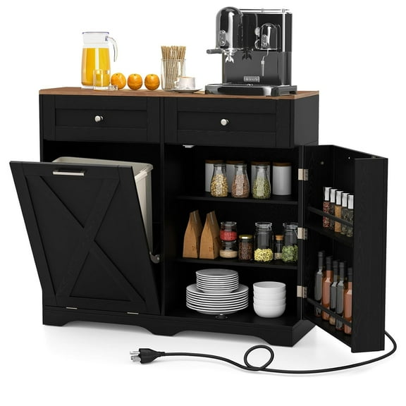 Tilt Out Trash Can Cabinet, Kitchen Island with Charging Station, Adjustable Shelves, 2 Drawers & Barn Doors, 9.25 Gallon Laundry Hamper, Hidden Garbage Recycle Bin Cabinet