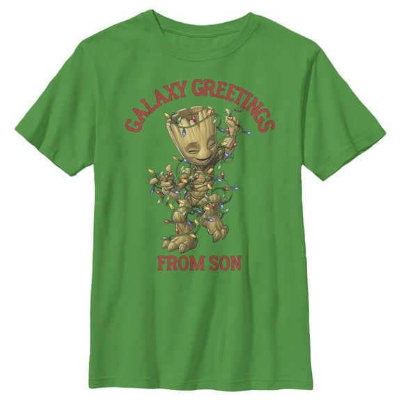 Boy's Marvel Christmas Groot Galaxy Greetings Son  Graphic Tee Kelly Green Large