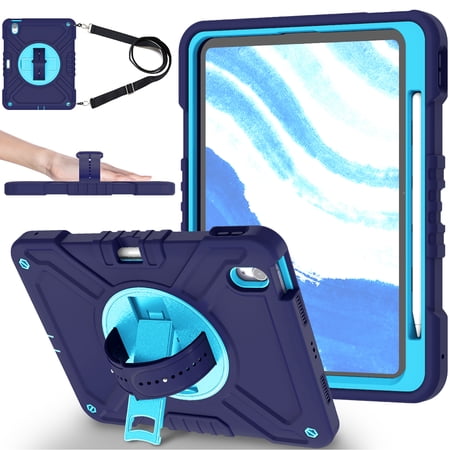 ChicShell Case for iPad Air 11-inch M2 (2024), Shockproof Case with Pencil Holder & Shoulder Strap, [360° Rotating Hand Strap & Stand] 3 Layers Protection Case for iPad Air 11 (2024) - Navyblue