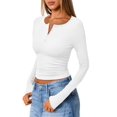 thumbnail image 3 of Women'S Long Sleeve Shirts Henley Casual Fall Outfits Fitted Tops Ribbed Fashion Basic Tees White S, 3 of 8