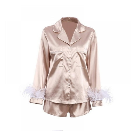 

Baywell Satin Pajamas Women s Long Sleeve Sleepwear Soft Silk Button Down Loungewear Pjs Shorts Set Khaki S-L