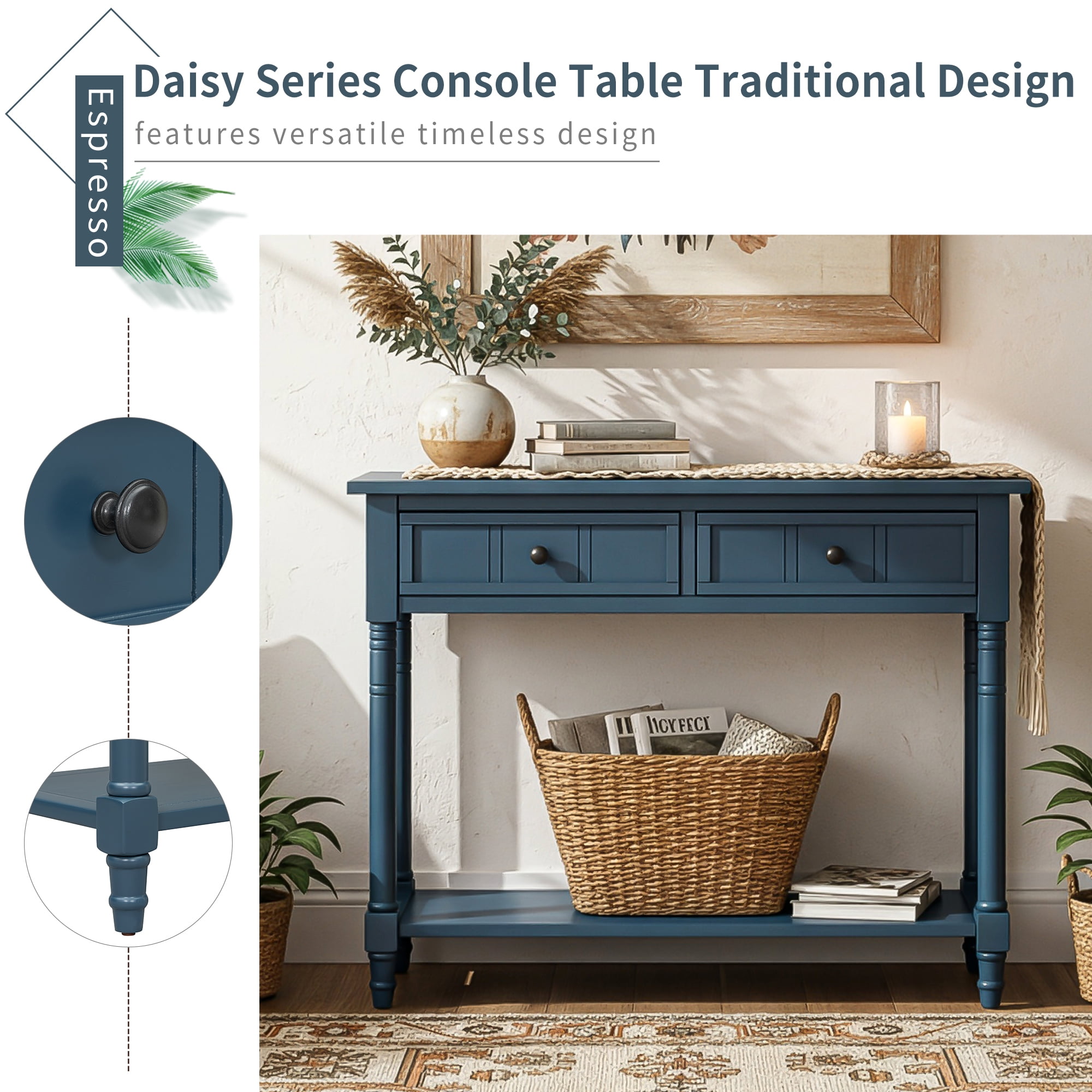 Euroco Farmhouse Wood Console Table with 2 Drawers and Bottom Shelf, 2-Tier Narrow Entryway Table Sofa Table Behind The Couch for Entrance, Hallway,Living Room, Foyer,Dark Navy
