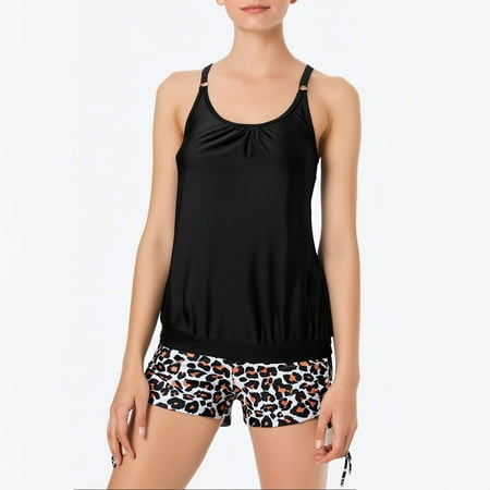 IDALL Tankini Swimsuits Bathing Suit Women Tankini Swimsuits With Shorts Strappy Bathing Suits Two Piece Swimwear Swim Suits for Women 2025 Plus Size Swimsuit Black L