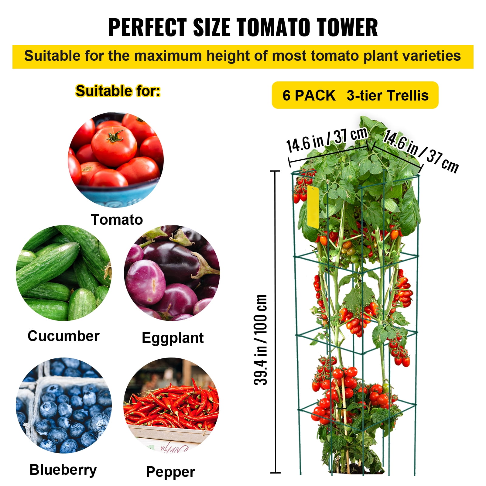 KFFKFF Square Tomato Cages, 14.6" x 14.6" x 39.4", Set of 6 Green PVC-Coated Steel Plant Supports for Vegetables, Flowers, Fruits, and Climbing Plants