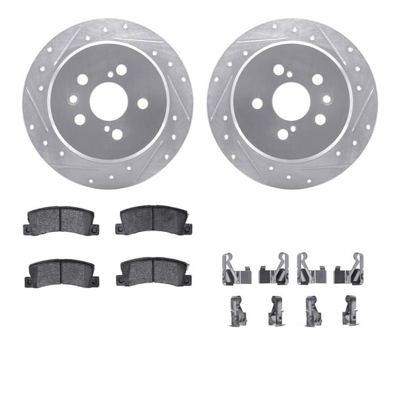 Dynamic Friction Company Rear Brake Rotors-Drilled and Slotted-Silver with 5000 Advanced Brake Pads includes Hardware 7512-76078
