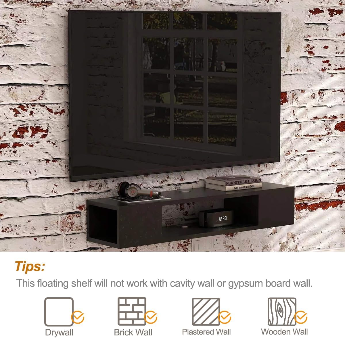 Floating TV Stand, Wall Mounted Entertainment Center and Cabinet Shelf, TV Console with Storage, Media Console for DVD Player, Space-Saving Under TV Shelf for Bedroom (Rustic Brown)