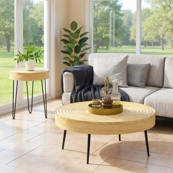 Barara King Coffee Table Butcher Block Top Large Accent Table,Set of 2 Solid Wood Farmhouse Round Coffee Tables-Ring Pattern