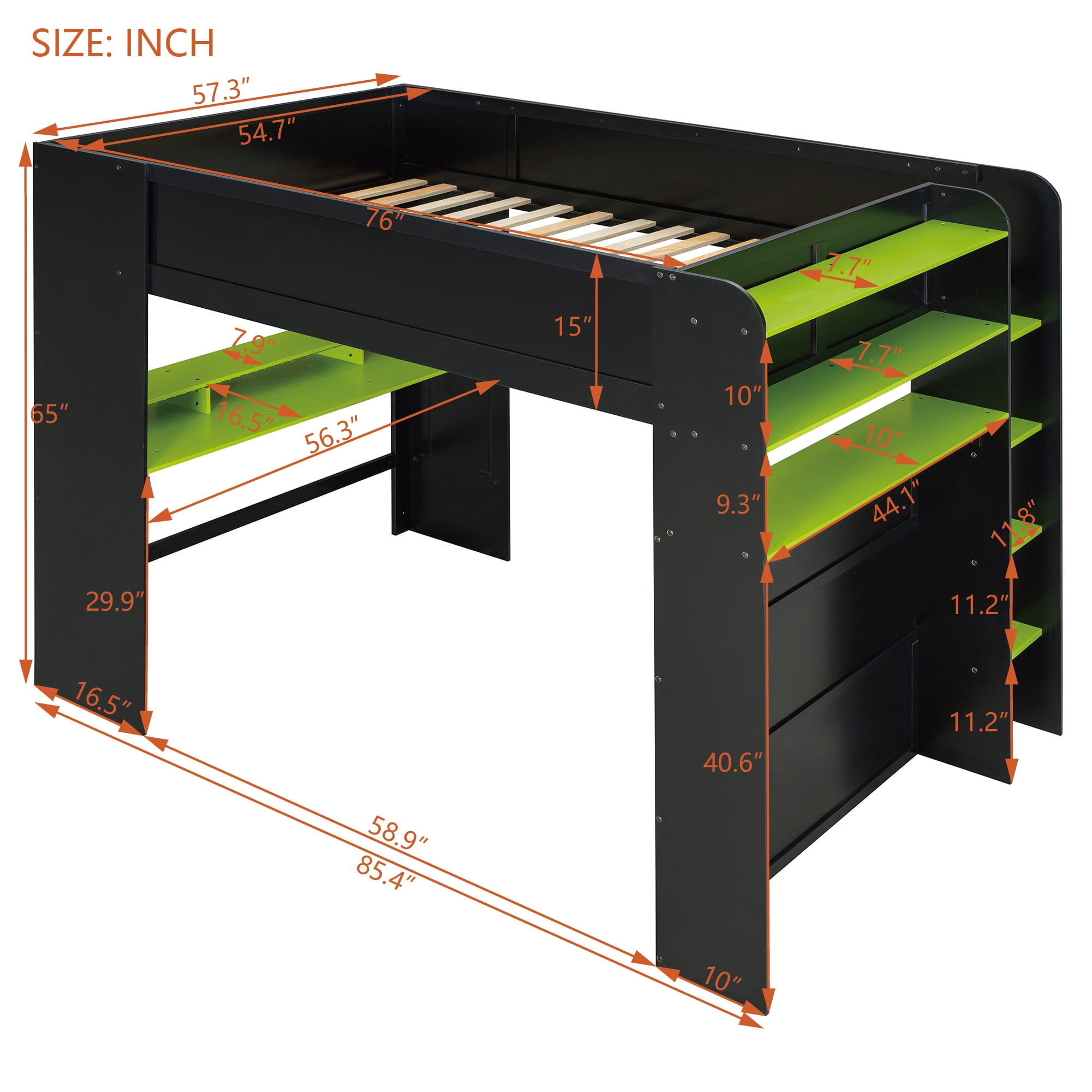 Aukfa Full Size Loft Bed with Desk, Wardrobe, USB Port and RGB Lights, Wood Gaming Loft Bed for Kids Teens Adults, Green