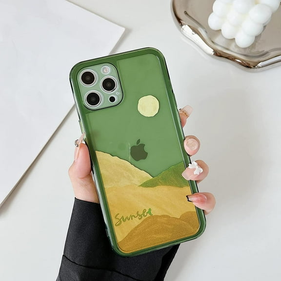 Case for iPhone 12 Pro Max 6.7 inch, Clear Soft Bumper Protective Retro Color Snow Mountain Moon Transparent Phone Case - Green