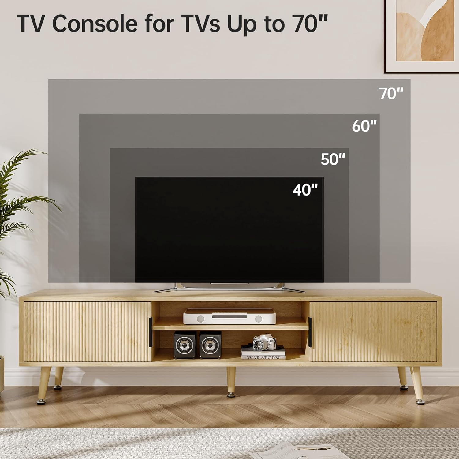 PulseFay Mid Century TV Stand, Modern TV Console for TVs up to 70 Inches, Entertainment Center with Storage, TV and Media Consol, (Natural Oak)