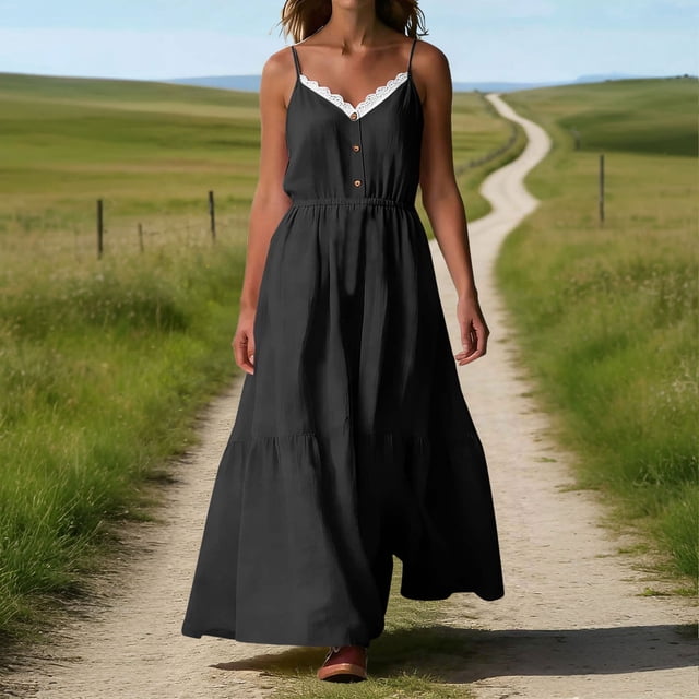 HongQid Robe Maxi Fluide à Étages pour Femmes Sans Manches Robes d'Été en Lin Bretelles Ajustables Longues Robes de Plage Soleil