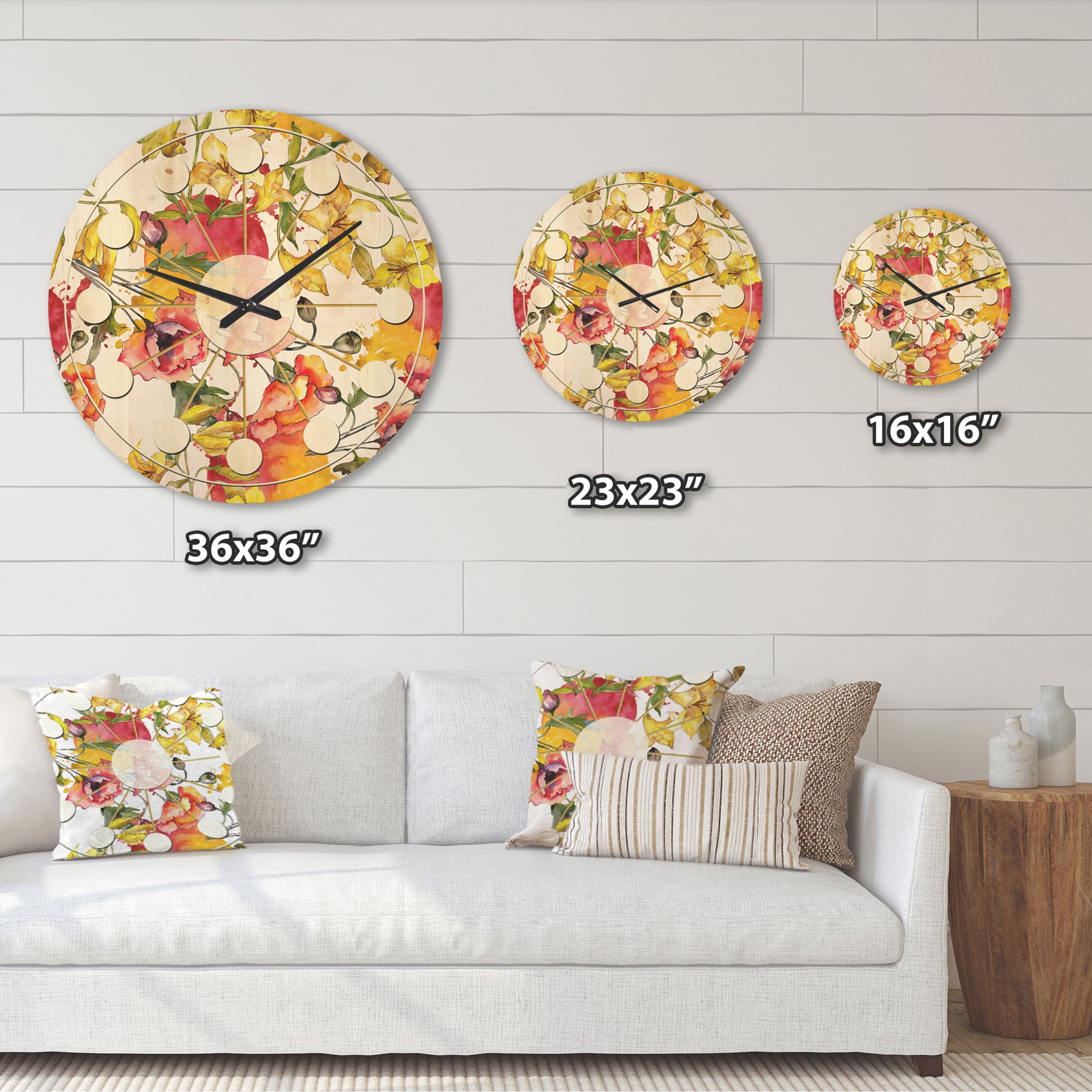 Designart 'Retro Abstract Poppies IV' Mid-Century Modern Wood Wall Clock
