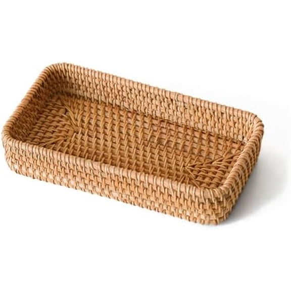 Small Rattan Serving Tray, Natural Wicker Decorative Tray Handwoven for Keys Trinkets Rings Cosmetics, Decorative Jewelry Perfume Tray for Coffee Table Entryway Living Room(8.2" × 4.3")