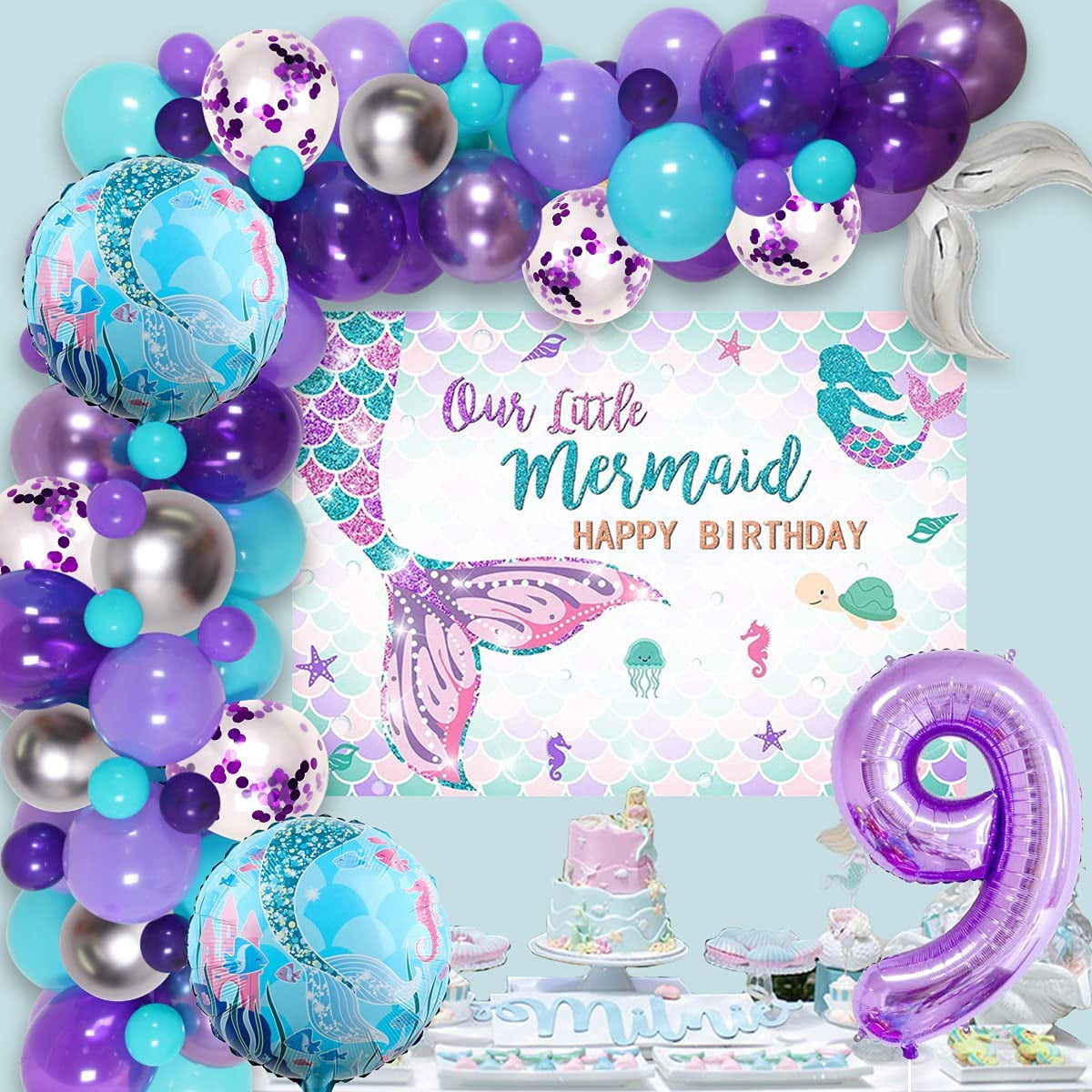 Mermaid Party Decorations for Girls 9th Birthday Mermaid Tail Balloon Garland Kit Blue Purple