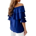 thumbnail image 2 of Qiylii Women Fashion Wild Shirts Solid Color Boat-Neck Off-Shoulder Half Sleeve Chiffon Blouses Summer Casual Ruffles Tie-Up Tops, 2 of 5