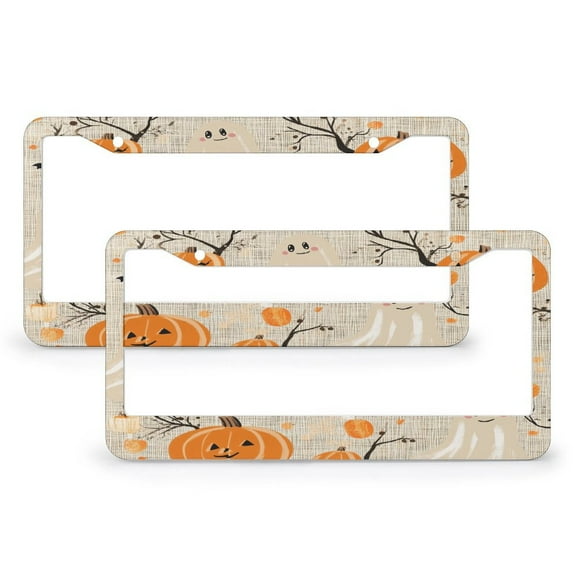 License Plate Frames Halloween Ghost Pumpkin License Plate Cover Frame 2 Pieces Halloween Fall Decor Stainless Aluminum License Plate Frame for US And CA 12.3" X 6.3"