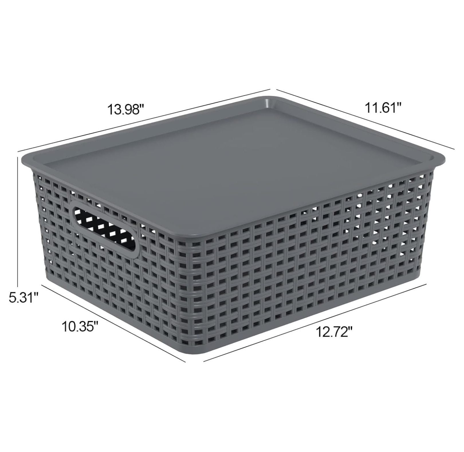 Plastic Woven Baskets 6 Pack, Stackable Storage Bins with Lids, Dark Grey - 14x12x5.3 Inch Organizer for Shelves, Closet, Home, Kitchen, Bathroom