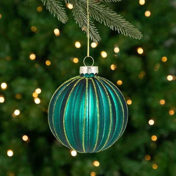 Northlight Glittered Ribbed Glass Christmas Ball Ornaments - 3" (75mm) - Green and Gold - 4ct