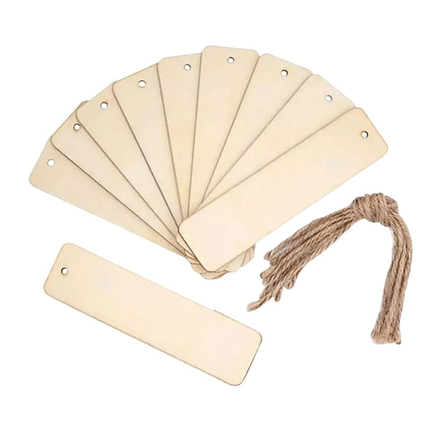 GUOOL 10 Pieces Unfinished Wooden Bookmarks with Hanging Ropes for DIY Hand Crafts 12cmx3cm