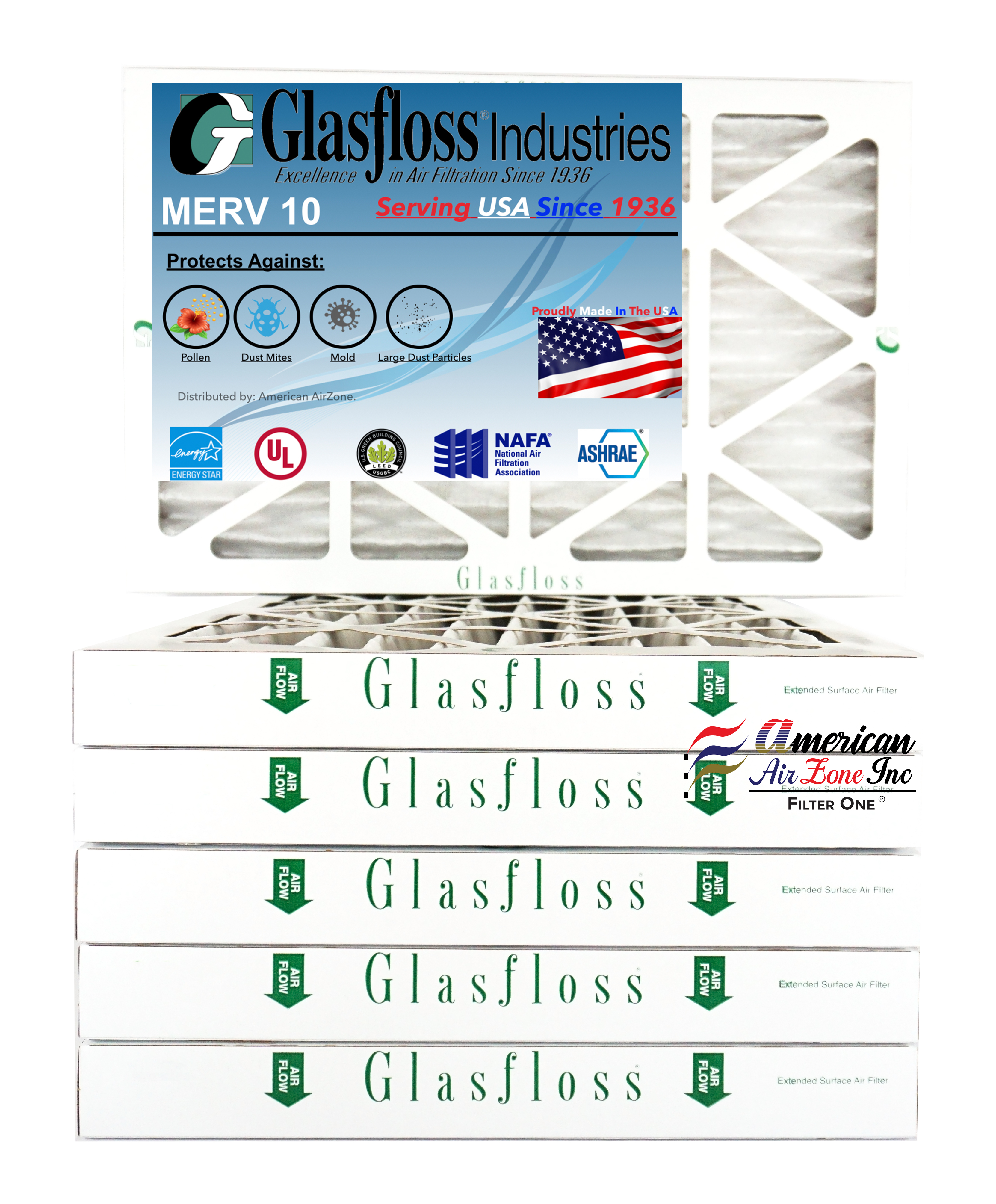 Glasfloss Air Filter 16x25x2 2" MERV 10 (Pack of 6) Pleated AC or HVAC Air Filter