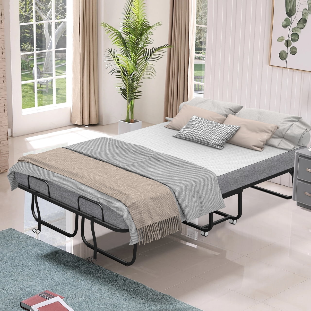 Full Size Folded Bed with Mattress, 75" x 54" Folding Bed for Hospital, Rollaway Bed Guest Bed for Adults with Sturdy Frame