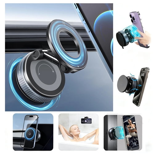 360° Vacuum Magnetic Phone Holder for Car, Adjustable Suction Cup Mount, Foldable Dashboard Phone Stand, Strong Magnetic Car Phone Holder for iPhone 18/17/16/15/14/13/12 Pro/Pro Max-Black