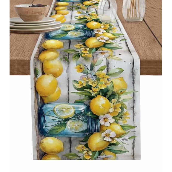 Lemon Summer Botanical Table Runner 48 Inches, Tropical Watercolor Bed Runner Dresser Scarves Tabletop for Indoor Outdoor Parties/Ceremony/Banquet, 13" x 48"