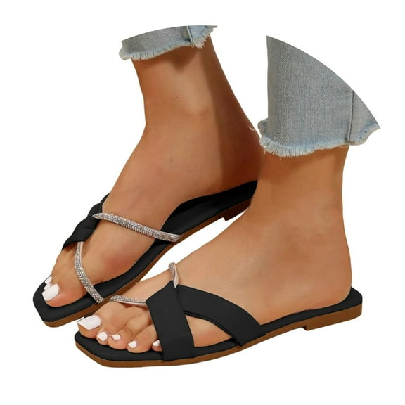 IUJSOY Rhinestone Strappy Sandals for Women Soft Leather Square Open Toe Slides for Summer Dressy