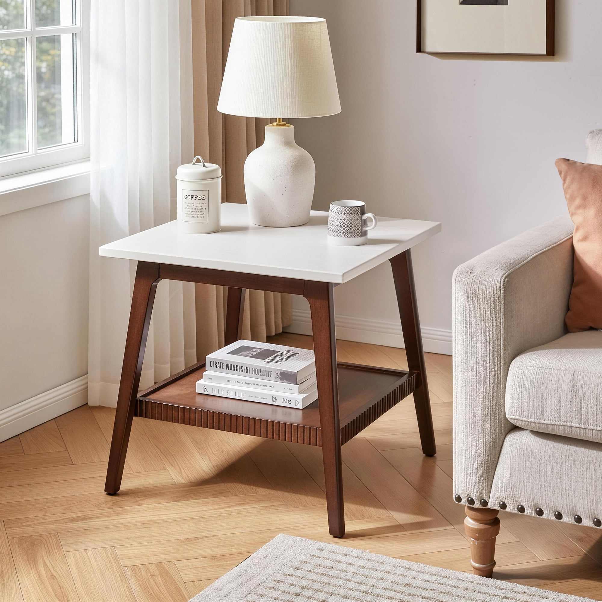 Garitin End Table and Mid Century Modern Side Table 23.62 Inch, Two Tone Wooden Nightstand with Lower Storage Shelf for Living Room Bedroom, Walnut and White
