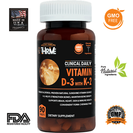 CLINICAL DAILY Vegan Vitamin D3 with K2 Non GMO Chewable Supplement. Fat Soluble Vit D complex, K-2 Mk7 for Bones, Teeth PLUS D-3 for Healthy Heart, Brain and Immune Health. Now Soy Free. 90 Veg