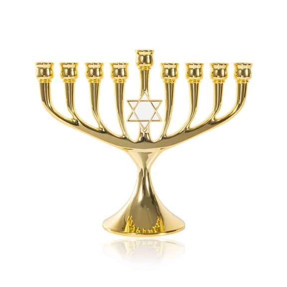 BRTAGG Hanukkah Menorah Upgrade Cups with Built-in Pins, Star of David Candle Holders 9 Branches Gold Plated Candlesticks Jewish Gifts (7.28" Tall)