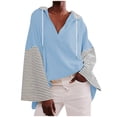 thumbnail image 2 of WREESH Women's Cozy Oversized Hoodie Fall 2025 Striped Long Sleeve V-Neck Sweatshirt Loose Bell Sleeve Pullover Light Blue, 2 of 6