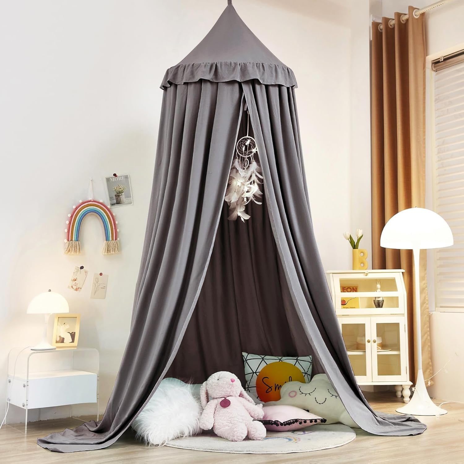 Decor Canopy for Kids Bed, Soft Smooth Playing Tent Canopy Girls Room Decoration Princess Castle, Dreamy Mosquito Net Bedding, Children Reading Nook Canopies in Home (Gray)