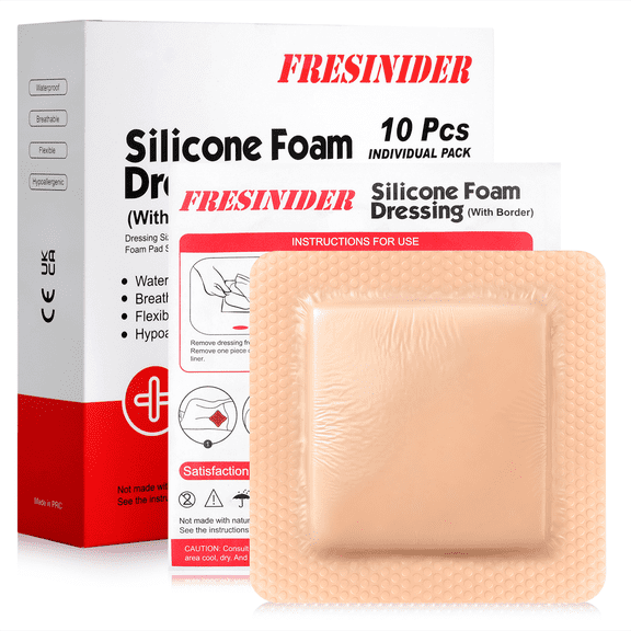 FRESINIDER 5" x 5" Silicone Foam Dressing with Adhesive Border, 10 Pack, Waterproof Self-Adhesive Wound Care Bandages