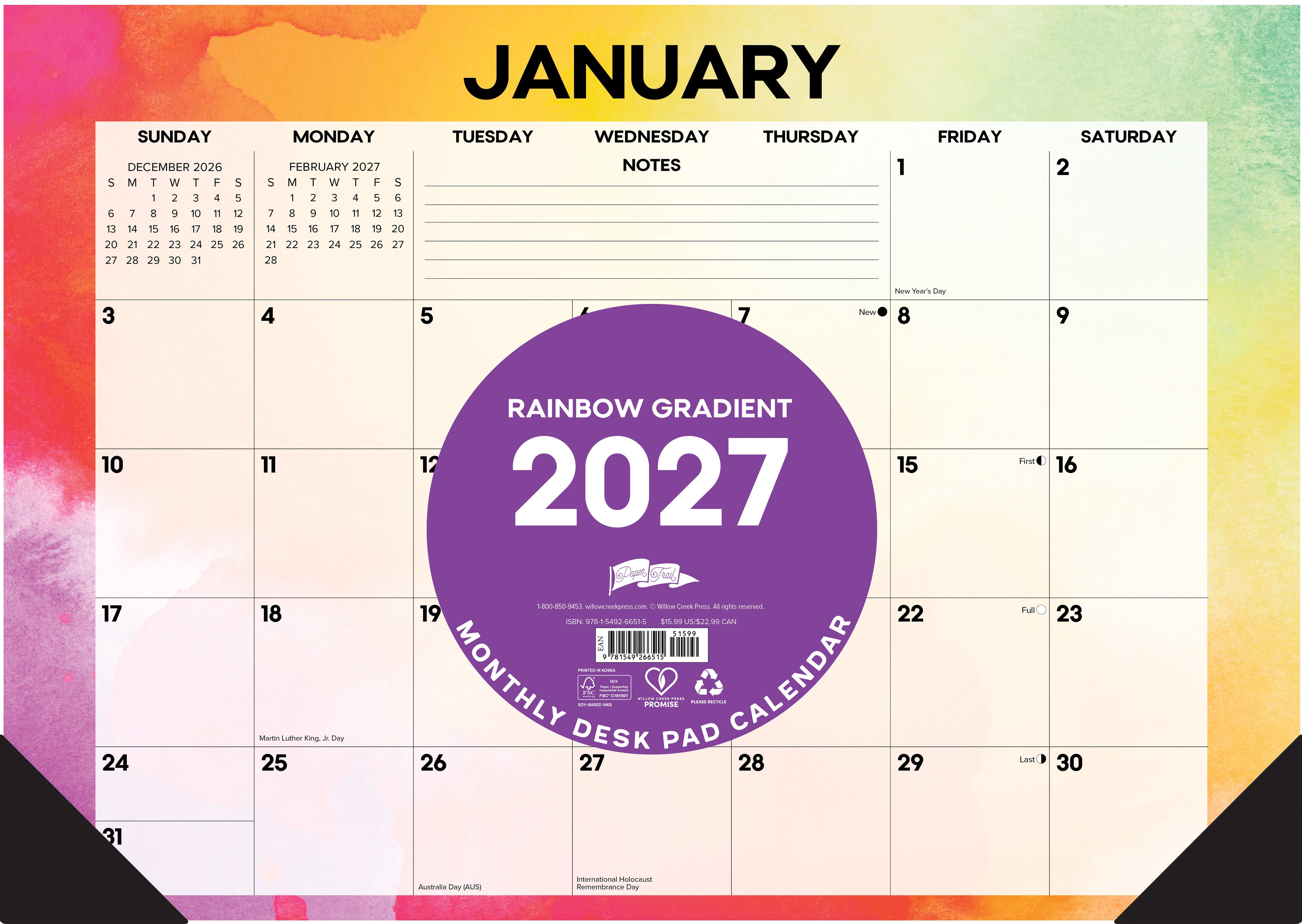 Willow Creek Press Rainbow Gradient 2027 17" x 12" Small Monthly Deskpad (66515)
