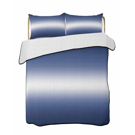 Quilts King Size Bedding Set, Navy Blue Ombre Lightweight Quilted Comforter, Aesthetic Art Farmhouse Gradient Blue Soft Reversible Bedspread Coverlet with Pillow Covers for All Season, 96" x 106"