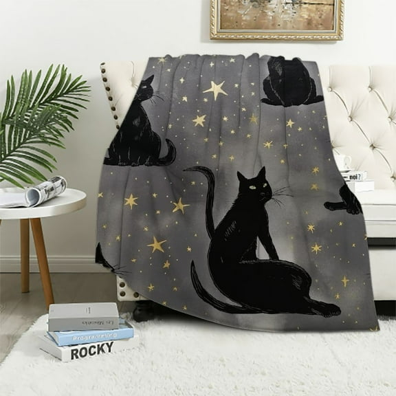 HENGT Cute Black Cats Blanket Gifts for Cat Lovers Girl, Halloween Throw Stars Plush Moon Blankets for Girls Women Lightweight Flannel  Christmas Bedding for Chair Couch Bed Gift for Kids