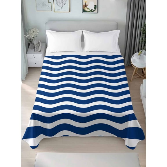 Navy Blue White California King Size Flat Sheet, Wrinkleproof & Fadeproof Cooling Flat Bed Sheet Only, Abstract Waves Water Ripple Striped Breathable Soft Bedding Top Sheets 108 x 98 Inches