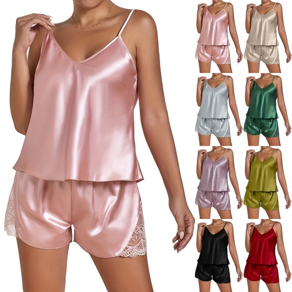 Endives Silk Satin Ruffled Pajamas Sets for Women V Neck Halter Tank Top and Shorts Sets Womens Sleepwear Summer Pajamas Set for Women Nightwear Lounge Set for Women Green M