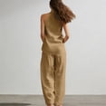 thumbnail image 3 of Linen Sets for Women 2 Piece Sleeveless V Neck Halter Top Matching Wide Leg Pants Summer Lounge Set Vacation Outfits Pocket 2026 Beach Vacation Outfits(Coffee,M), 3 of 5