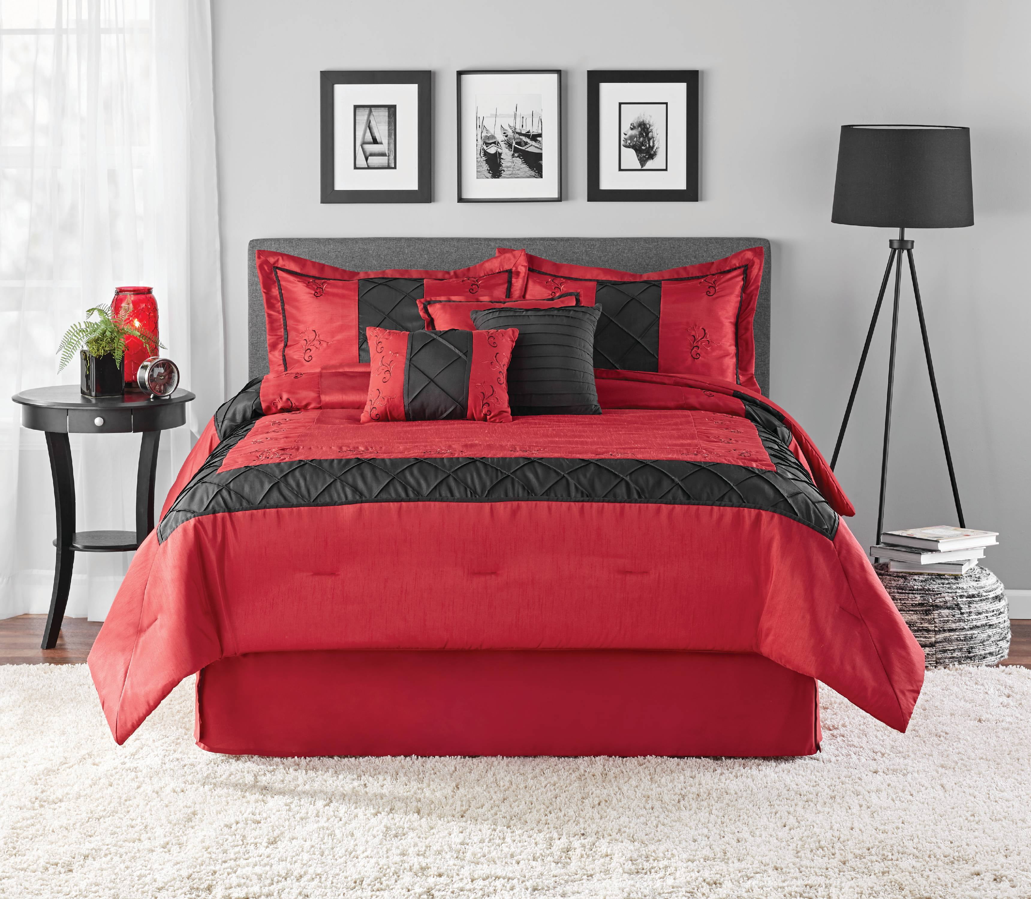 Comforter Set King Size 7-Piece Bedding Black Red Shams Pillows Bedskirt 
