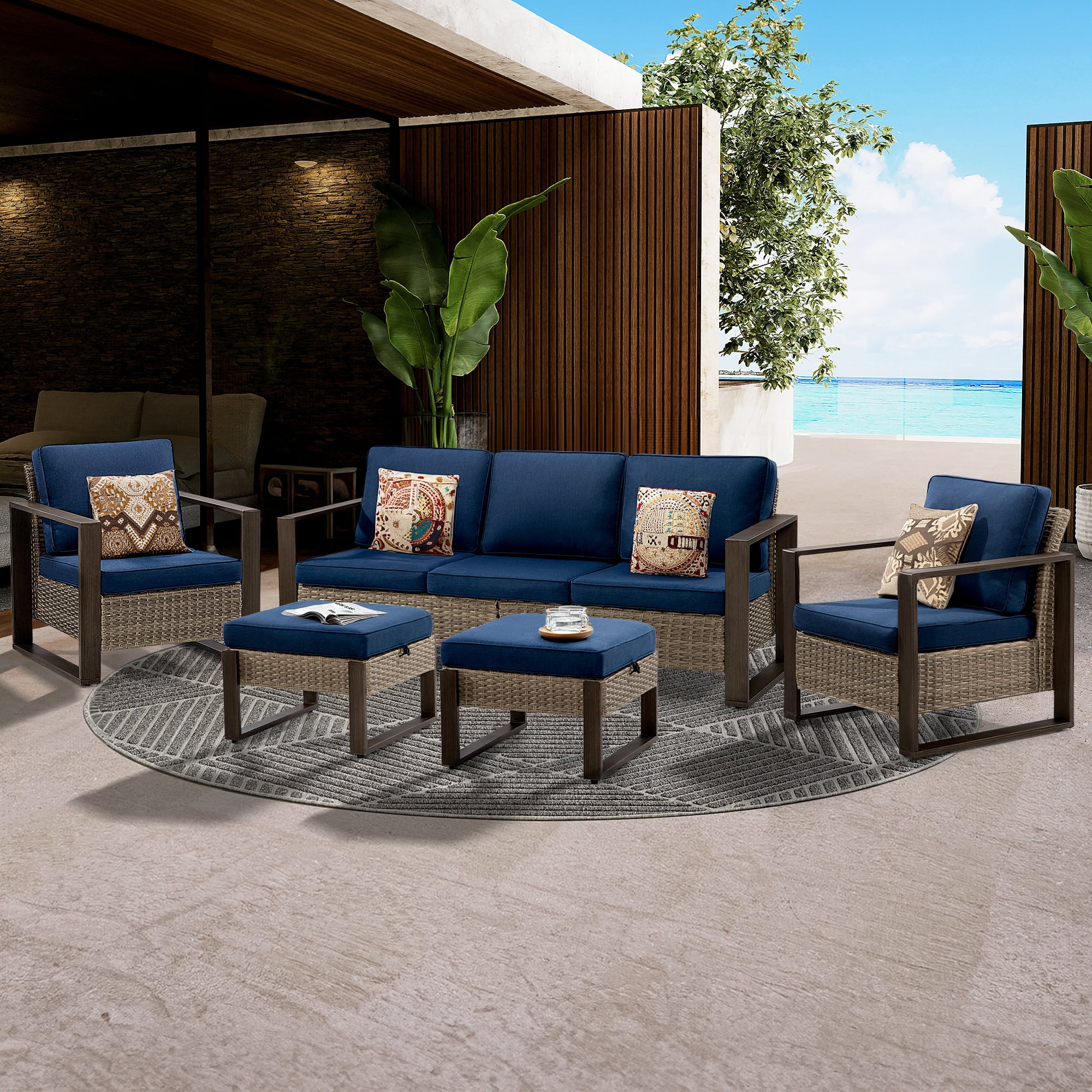 MeetLeisure 5 Pieces Wicker Patio 75" Sofa Set, All Weather Rattan Outdoor Conversation Furniture with Wood-Looking Metal Armrest & Removable Cushions for Deck Backyard Porch, Dark Blue
