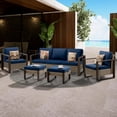 thumbnail image 5 of MeetLeisure 5 Pieces Wicker Patio 75" Sofa Set, All Weather Rattan Outdoor Conversation Furniture with Wood-Looking Metal Armrest & Removable Cushions for Deck Backyard Porch, Dark Blue, 5 of 7