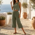 thumbnail image 6 of Women's 2-Piece Linen-Look Lounge Set, Sleeveless Crop Top with High Waist Drawstring Capri Pants, Summer Casual Beach Vacation Outfit Army Green L, 6 of 7