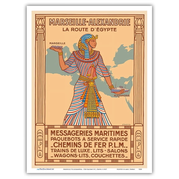 Marseille to Alexandria - The Route to Egypt - PLM Railway - Messageries Maritimes Ships - Vintage Travel Poster by J. Daviel c.1927 - Master Art Print (Unframed) 9in x 12in