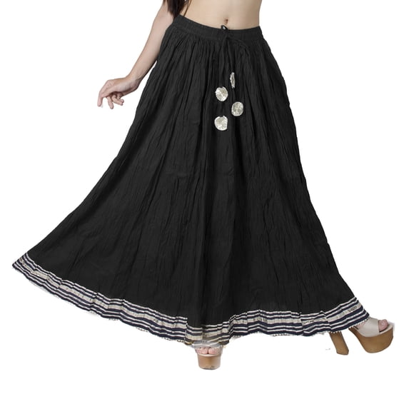Chadrakala Women's 100% Cotton Indian Flaire Long Maxi Skirt Gota Patti Crushed ,Free Size, Black (S109BLA)